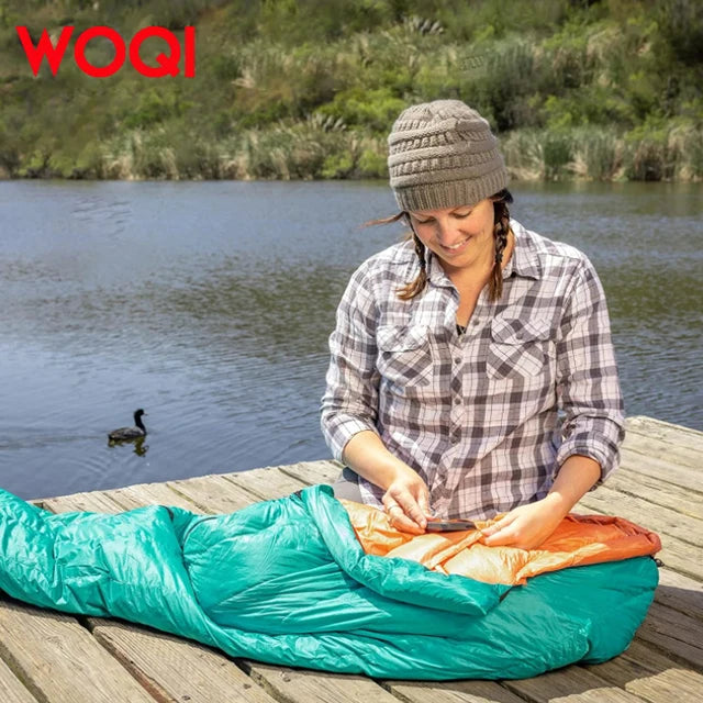 WOQI Waterproof Ultra Light Adult Mummy Camping Down Sleeping Bag for Backpacking, Camping, Cold Weather Travel