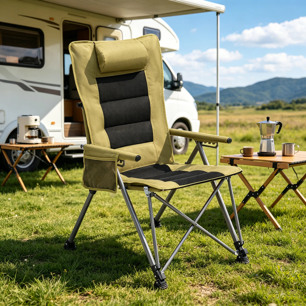 5-Position Adjustable Reclining Camping Chair, Heavy Duty Steel Frame Portable Outdoor Lounge Chair with Side Pocket & Carry Bag, Khaki