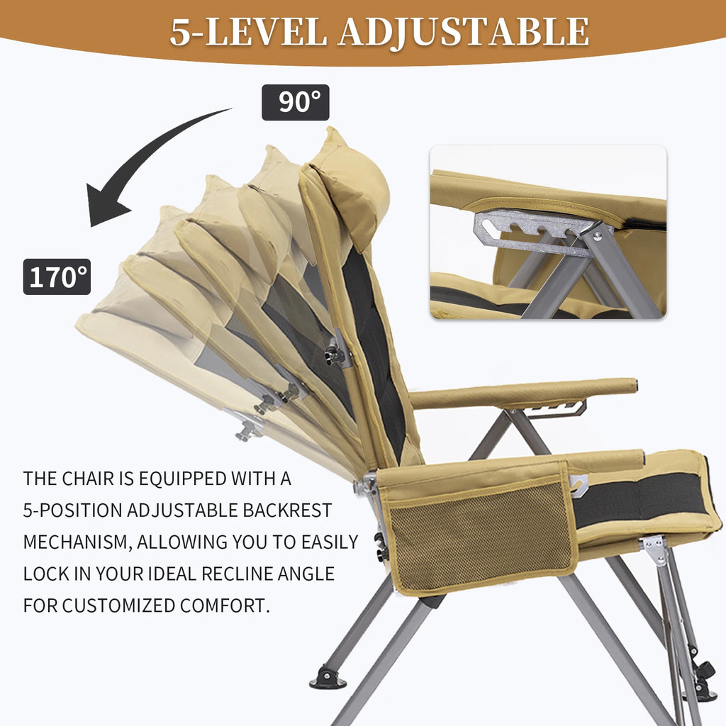 5-Position Adjustable Reclining Camping Chair, Heavy Duty Steel Frame Portable Outdoor Lounge Chair with Side Pocket & Carry Bag, Khaki