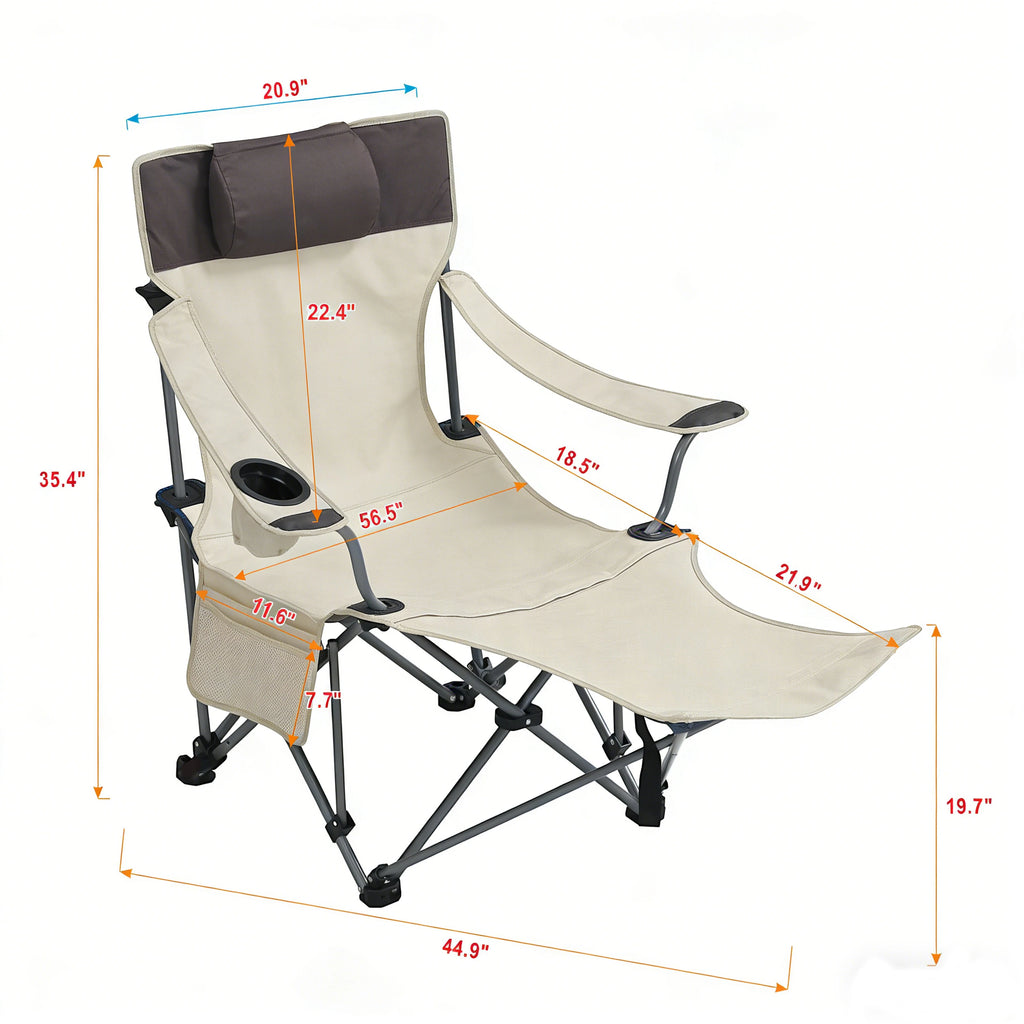 2PCS Outdoor Camping Chairs, 3-Level Adjustable Reclining Lounge Chair, Portable Folding Seat with Cup Holder & Side Pockets, Beige