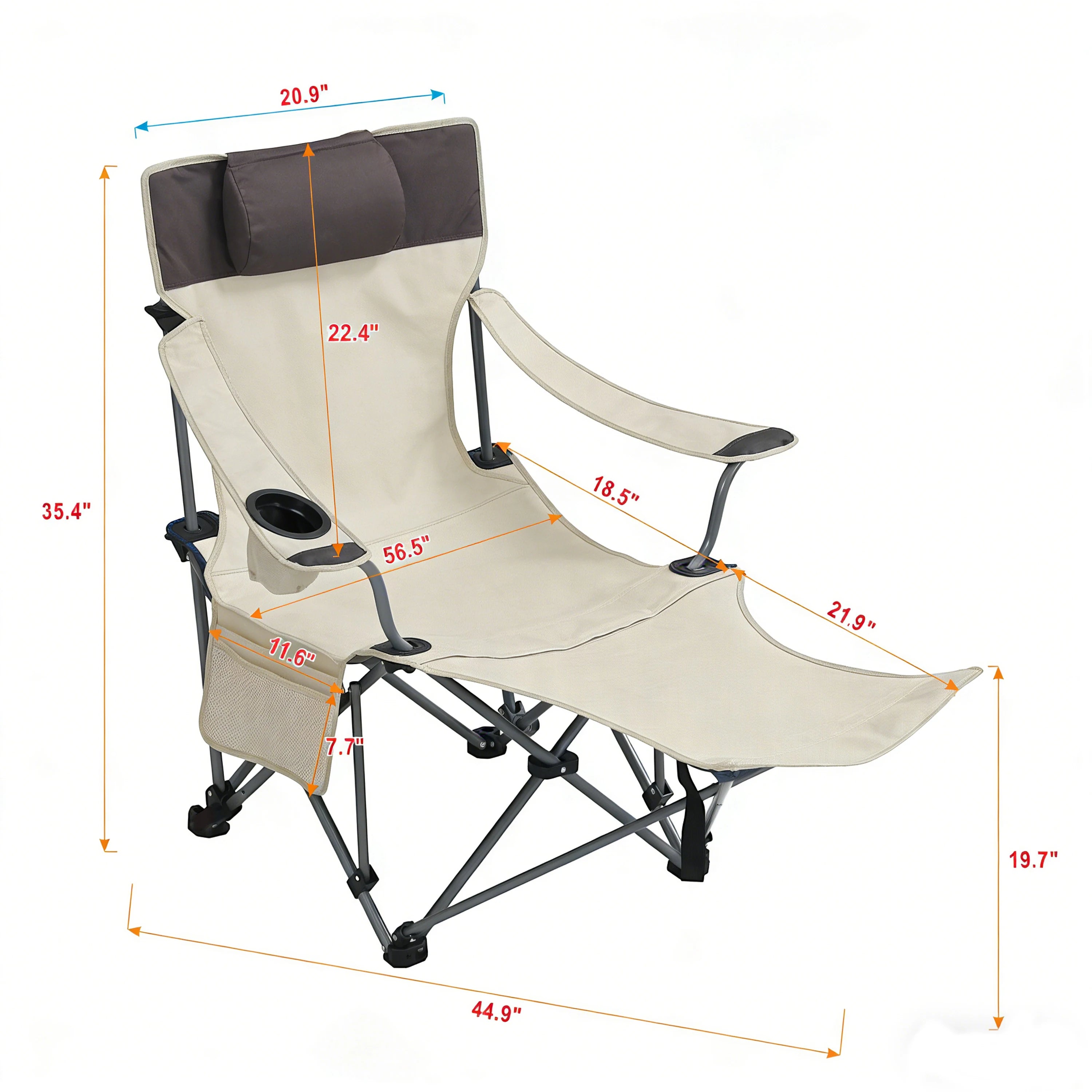 2PCS Outdoor Camping Chairs, 3-Level Adjustable Reclining Lounge Chair, Portable Folding Seat with Cup Holder & Side Pockets, Beige