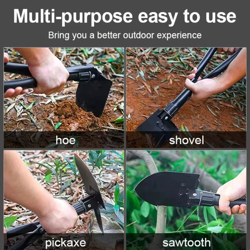 Upgraded Chrome Carbon Steel Folding Shovel – Multi-Function Camping Tool with Pickaxe, Sawtooth & Hoe for Outdoor Survival, Gar