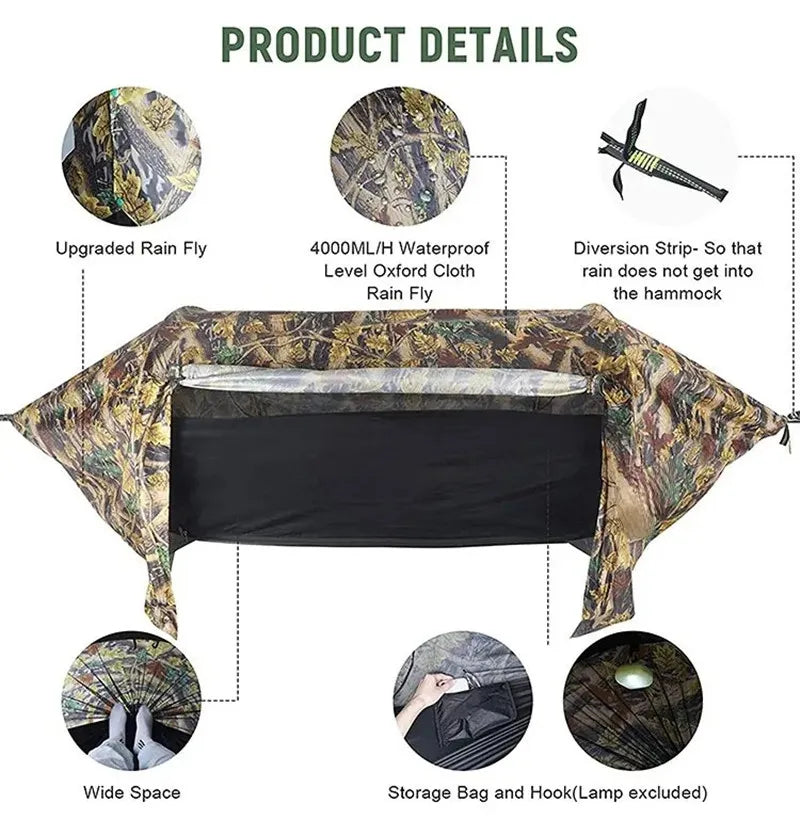3-in-1 Tunnel Mosquito Net Hammock with Waterproof Rainfly - Tree Tent for Solo Camping, Lightweight & All-Weather Protection