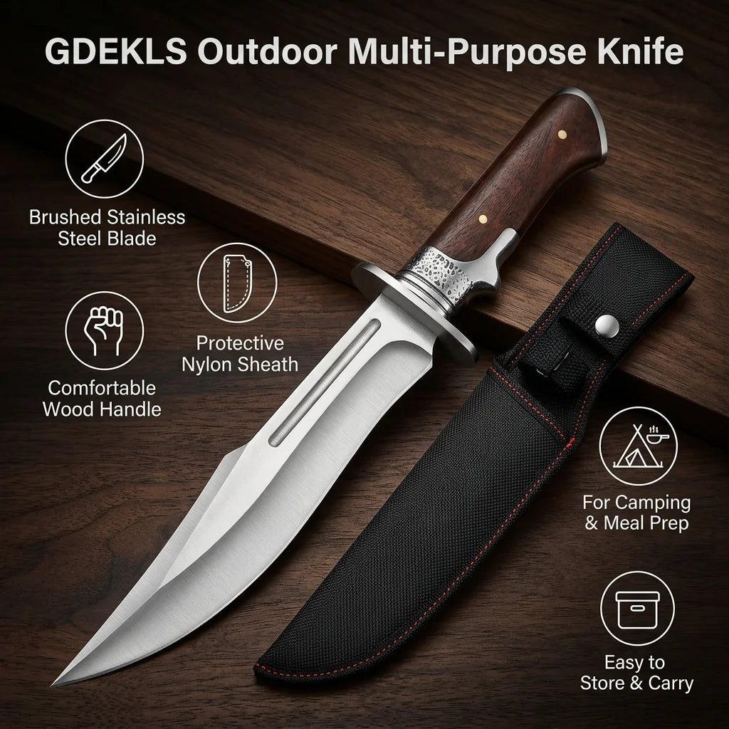 Fixed Blade Outdoor Utility Knife with Wood Handle and Protective Sheath, 4mm Thick Single-Edge Blade for Camping and Hiking