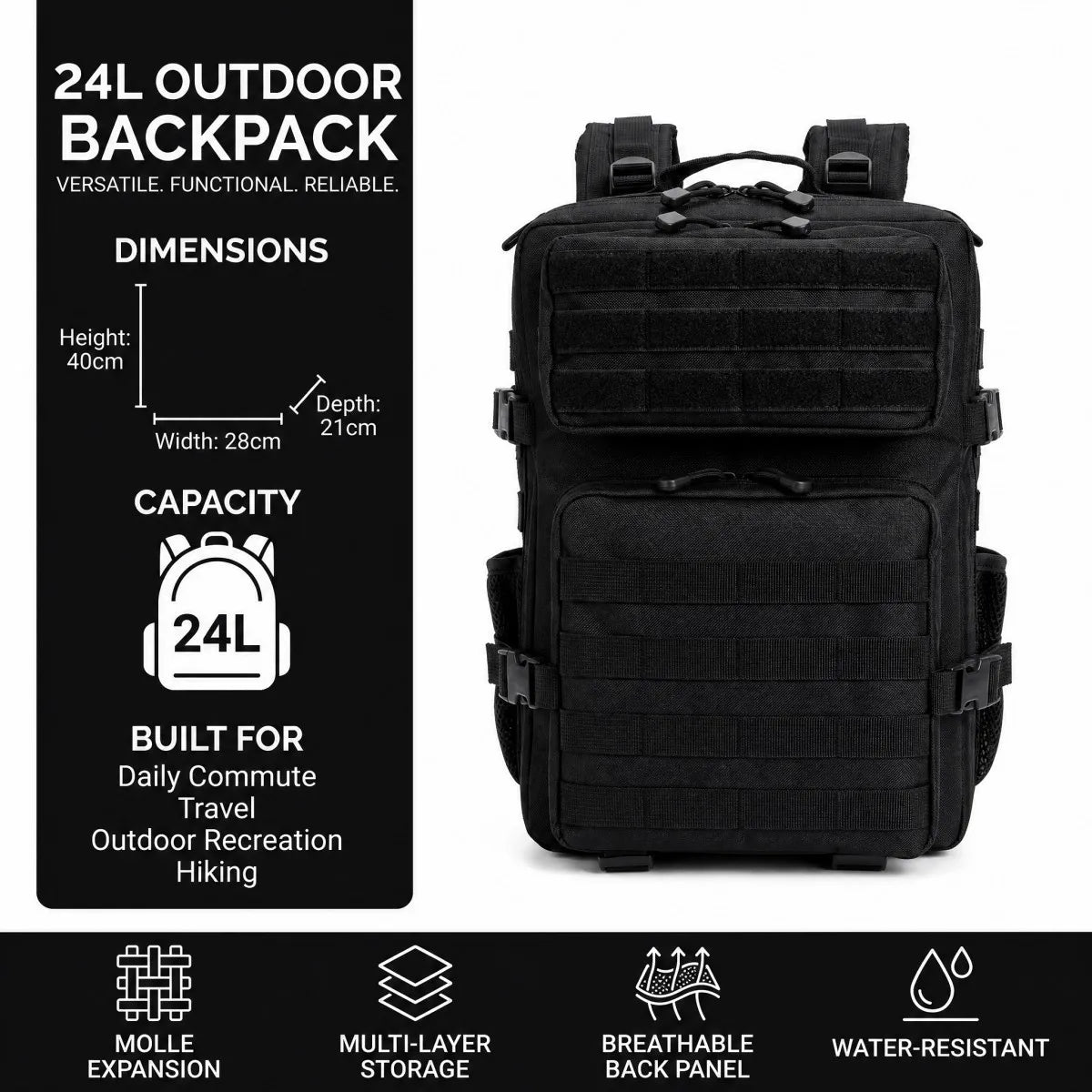 24L Tactical Backpack for Men Women Molle Modular System Backpack Durable Outdoor Backpack for Camping Hiking Trekking Fishing Hunting Cycling Travel Daily Commute Sports Gear Storage Daypack