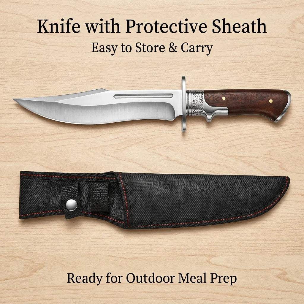 Fixed Blade Outdoor Utility Knife with Wood Handle and Protective Sheath, 4mm Thick Single-Edge Blade for Camping and Hiking