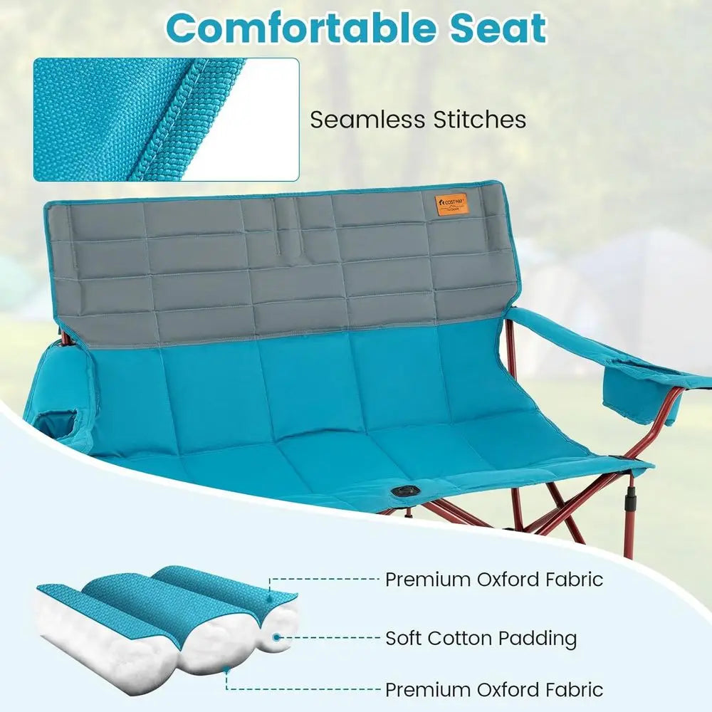 Double Camping Loveseat with Cup Holders, Thick Padding, Heavy-Duty Outdoor Chair for 2, Supports 660 LBS
