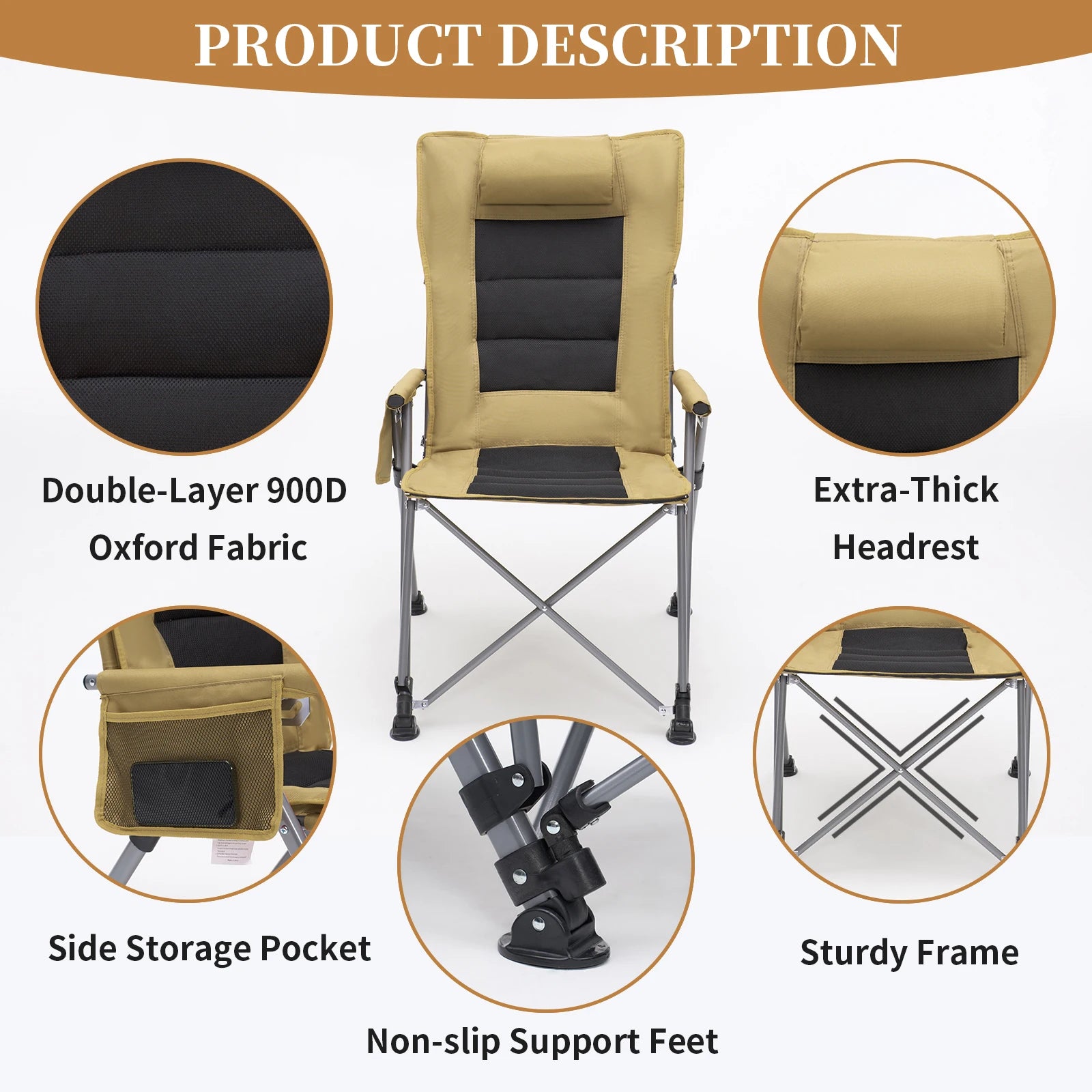 5-Position Adjustable Reclining Camping Chair, Heavy Duty Steel Frame Portable Outdoor Lounge Chair with Side Pocket & Carry Bag, Khaki