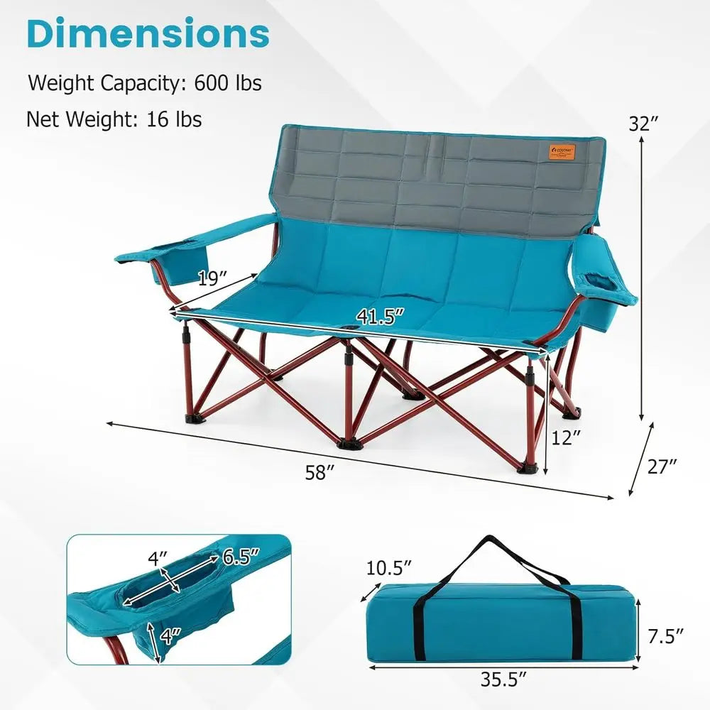 Double Camping Loveseat with Cup Holders, Thick Padding, Heavy-Duty Outdoor Chair for 2, Supports 660 LBS