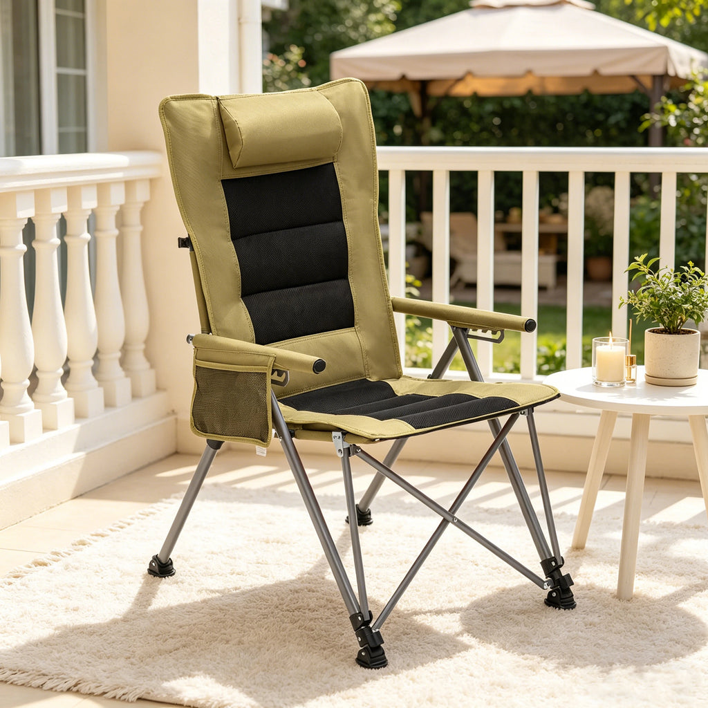 5-Position Adjustable Reclining Camping Chair, Heavy Duty Steel Frame Portable Outdoor Lounge Chair with Side Pocket & Carry Bag, Khaki