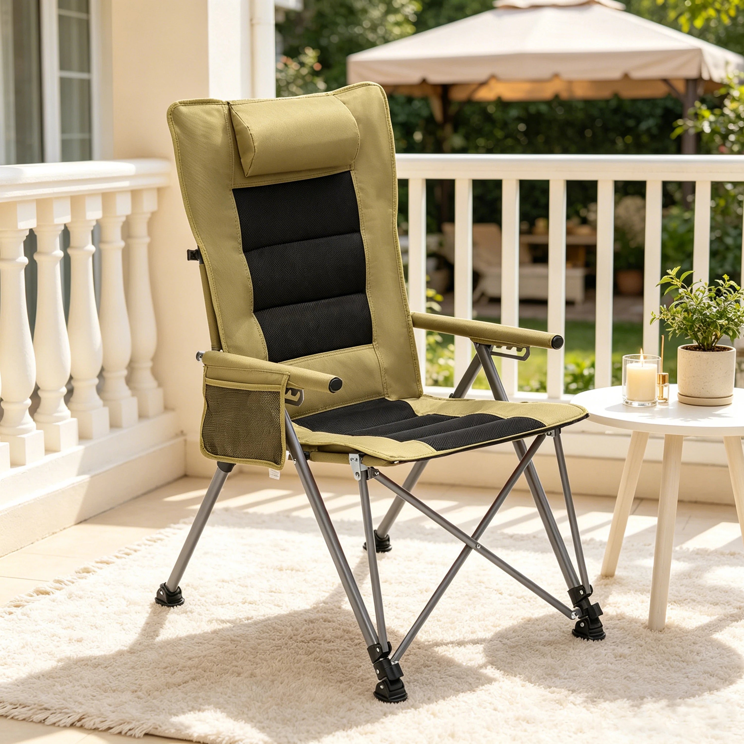 5-Position Adjustable Reclining Camping Chair, Heavy Duty Steel Frame Portable Outdoor Lounge Chair with Side Pocket & Carry Bag, Khaki
