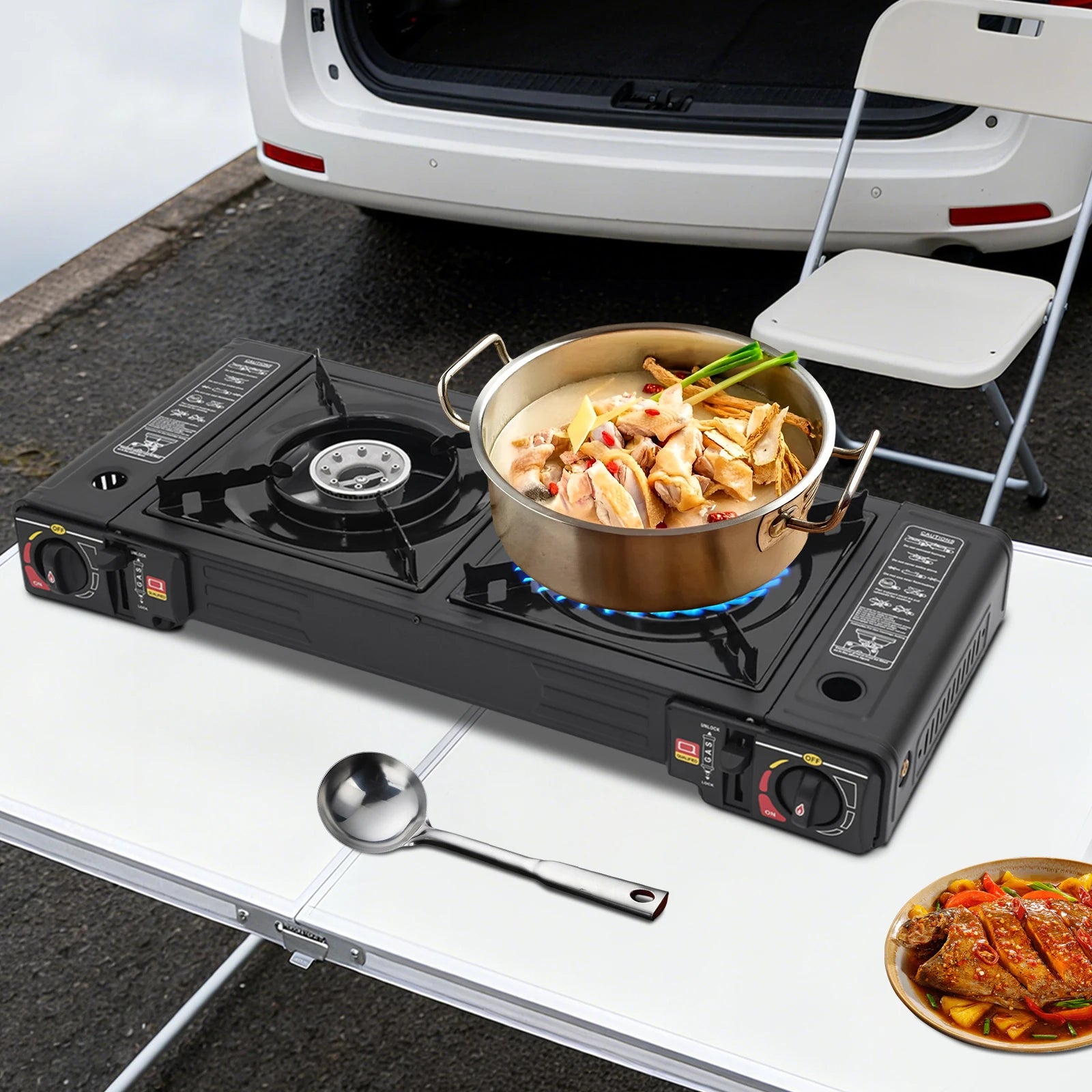 Portable Camping Stove with Storage Case, 2 Burner Outdoor Cooking System for Picnic BBQ Camping Trip Backyard Family Camping