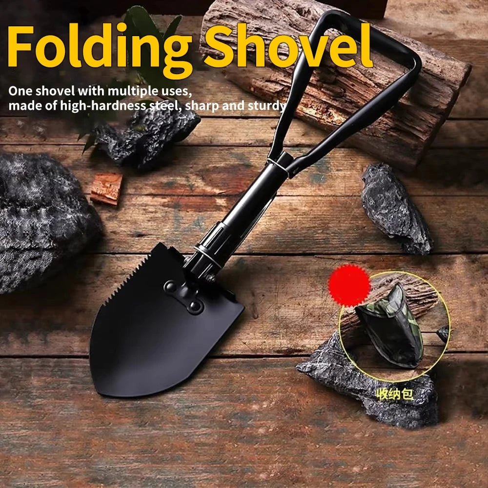 Upgraded Chrome Carbon Steel Folding Shovel – Multi-Function Camping Tool with Pickaxe, Sawtooth & Hoe for Outdoor Survival, Gar
