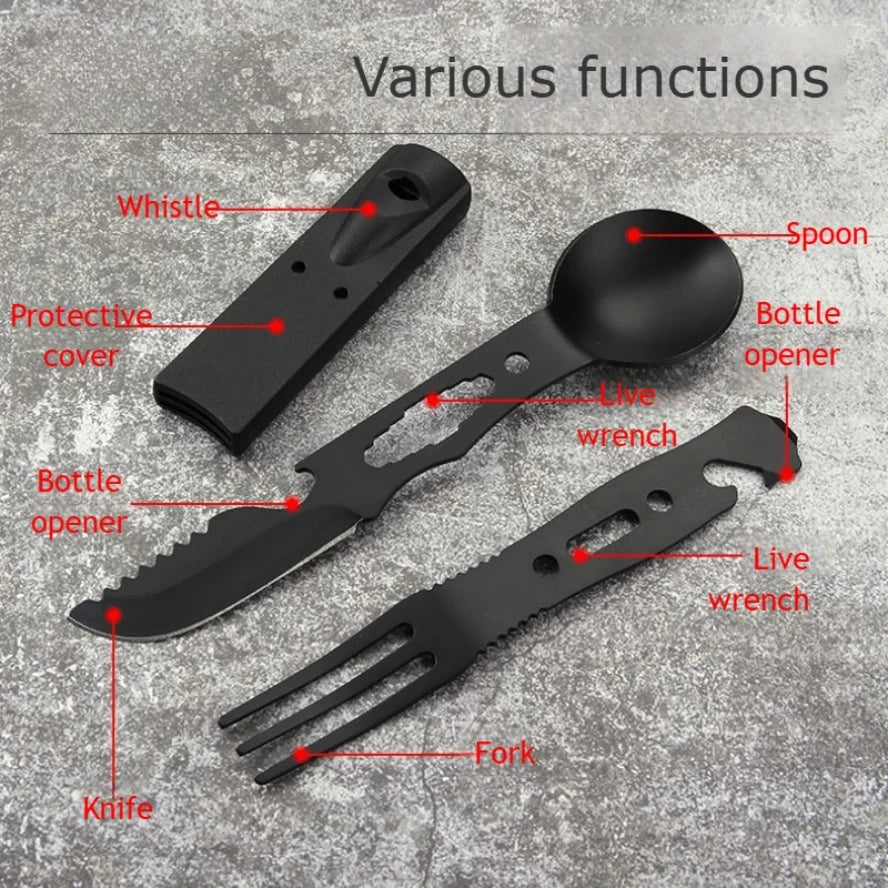 Outdoor Set Multi functional Camping Knives Camping Tableware Outdoor Wind Combination Stainless Steel with Whistle Spoon Fork