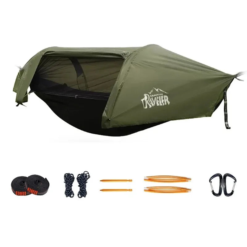 3-in-1 Tunnel Mosquito Net Hammock with Waterproof Rainfly - Tree Tent for Solo Camping, Lightweight & All-Weather Protection