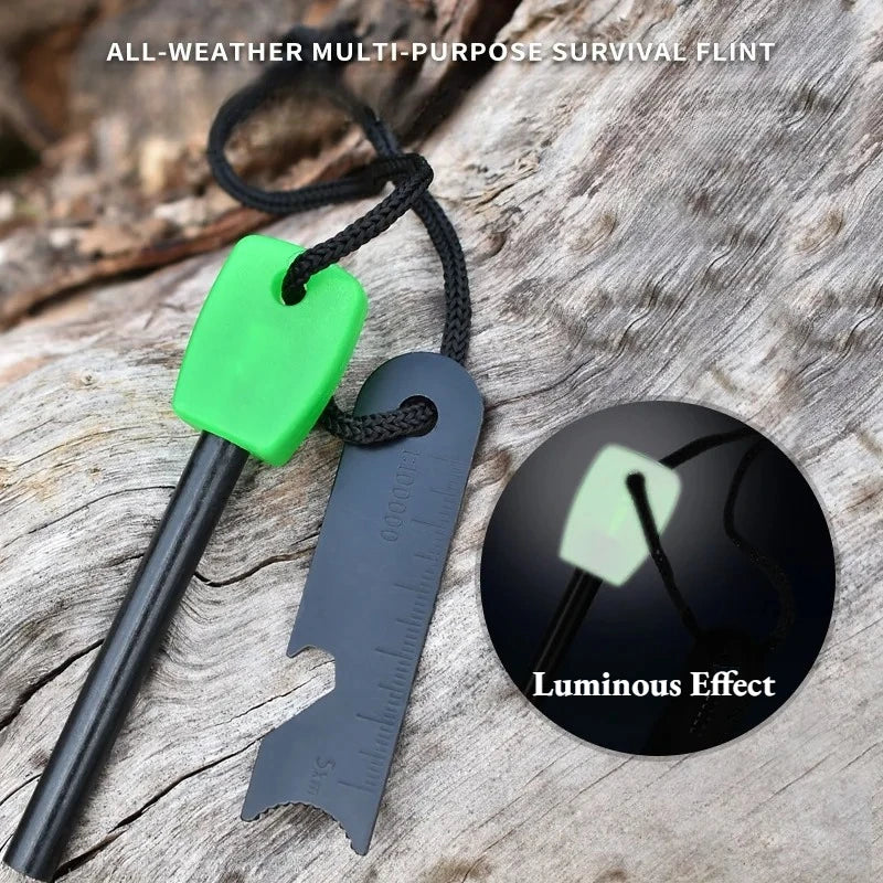 Outdoor Survival Flint Fire Starter with Ruler Scraper, Multi-Tool Ferrocerium Rod - Waterproof Camping Emergency Fire Starter