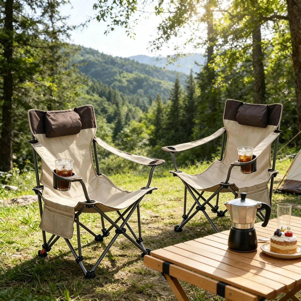 2PCS Outdoor Camping Chairs, 3-Level Adjustable Reclining Lounge Chair, Portable Folding Seat with Cup Holder & Side Pockets, Beige