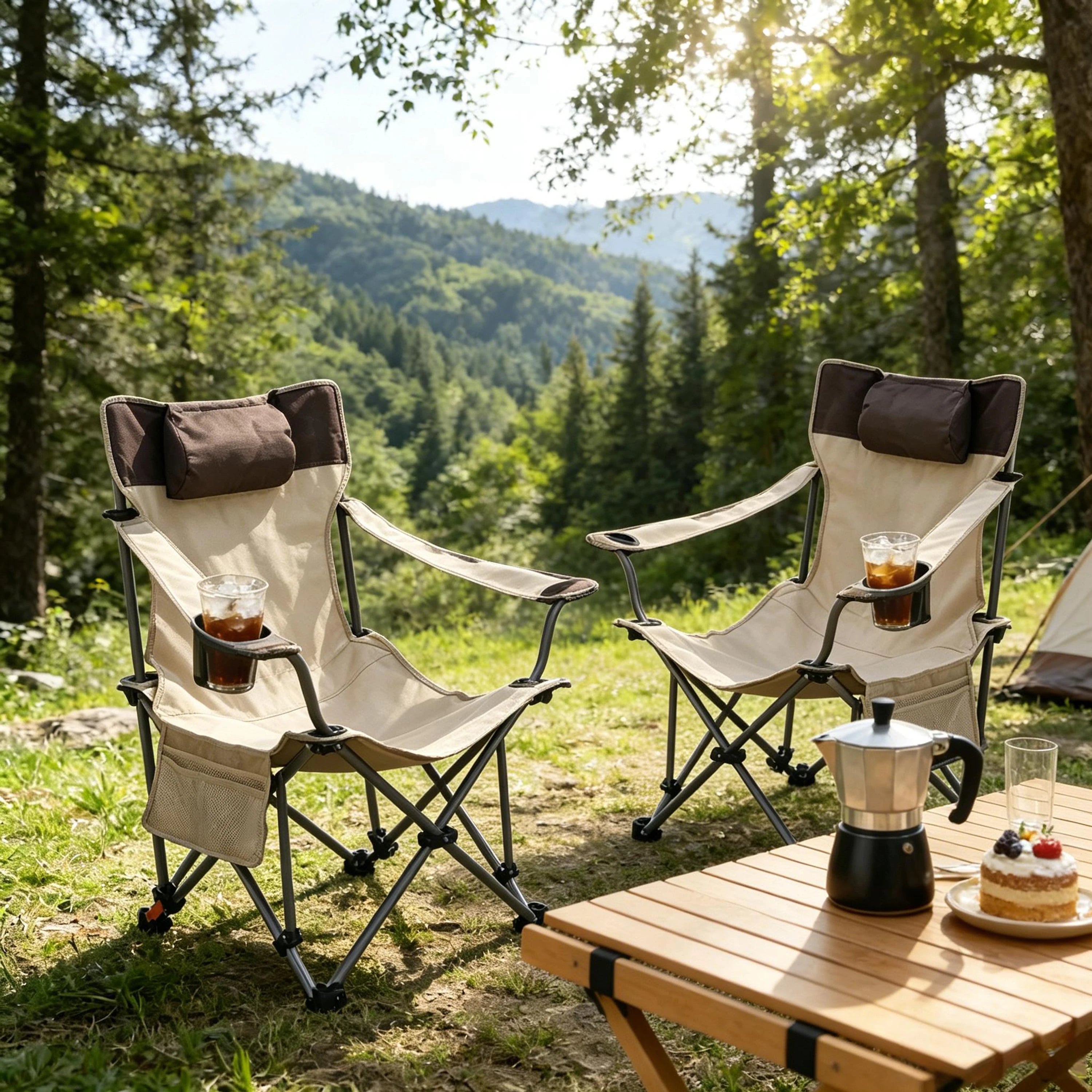 2PCS Outdoor Camping Chairs, 3-Level Adjustable Reclining Lounge Chair, Portable Folding Seat with Cup Holder & Side Pockets, Beige