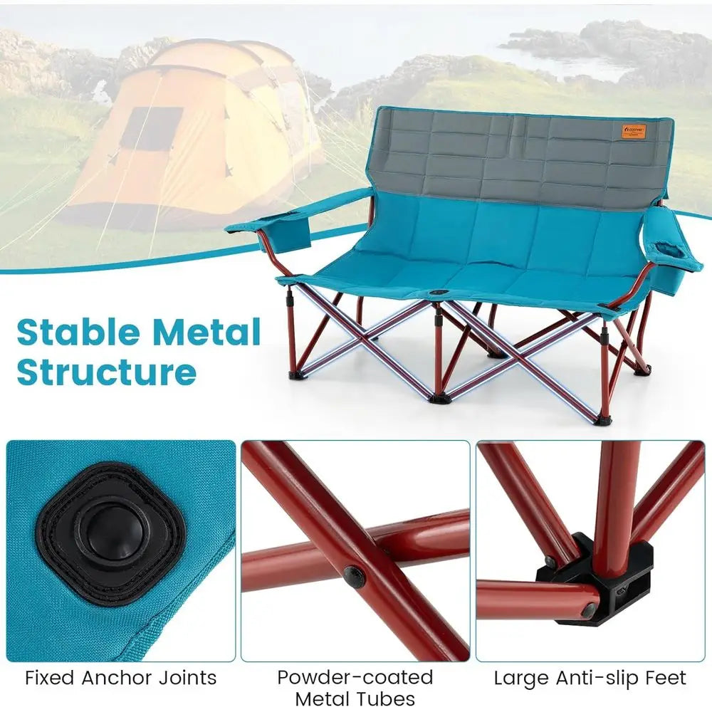 Double Camping Loveseat with Cup Holders, Thick Padding, Heavy-Duty Outdoor Chair for 2, Supports 660 LBS