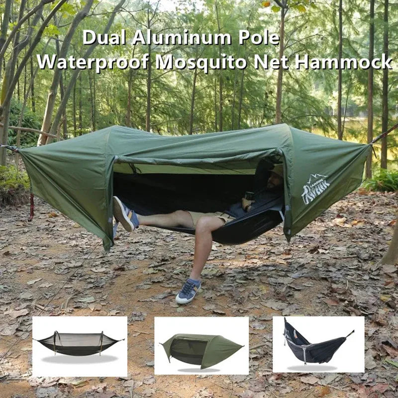 3-in-1 Tunnel Mosquito Net Hammock with Waterproof Rainfly - Tree Tent for Solo Camping, Lightweight & All-Weather Protection