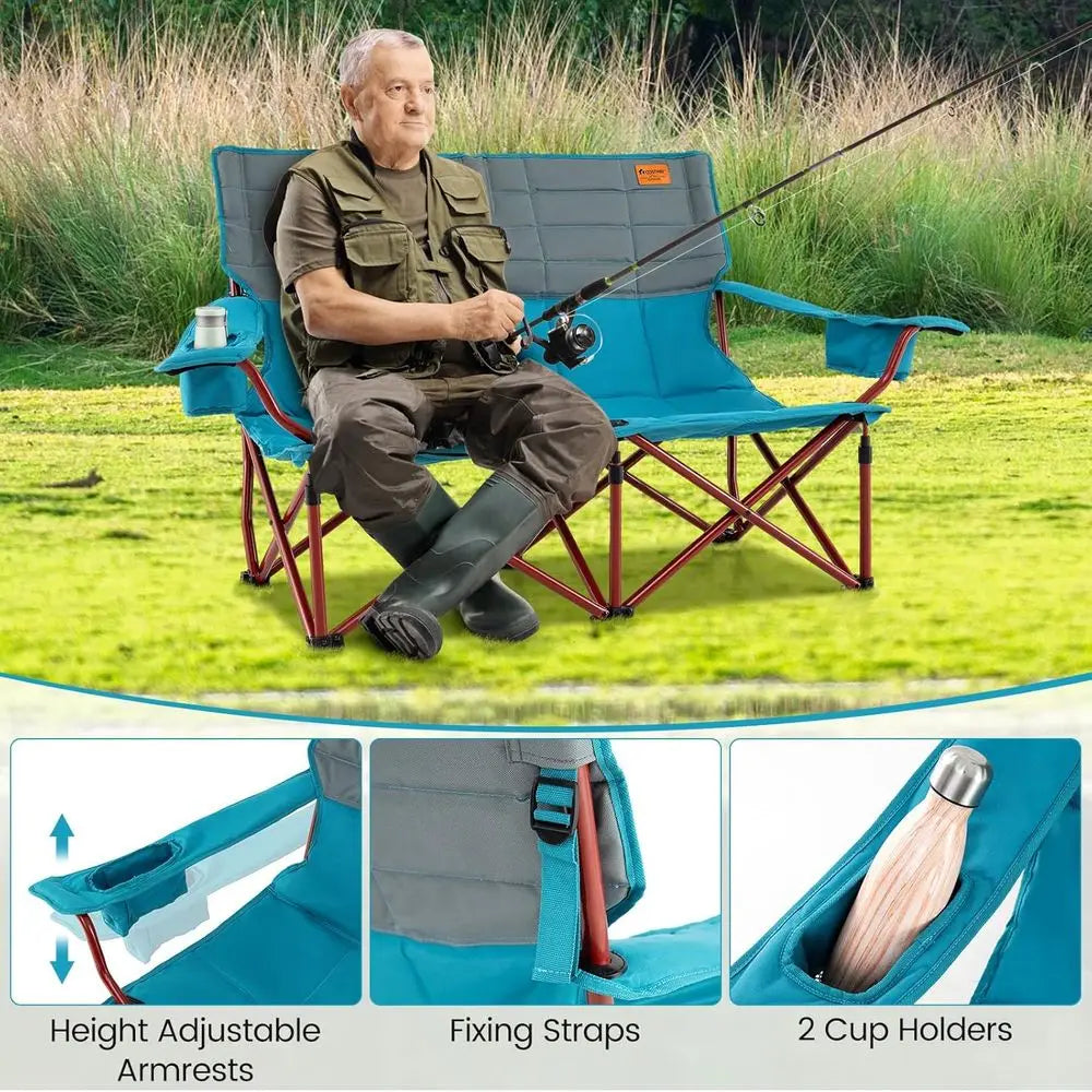 Double Camping Loveseat with Cup Holders, Thick Padding, Heavy-Duty Outdoor Chair for 2, Supports 660 LBS