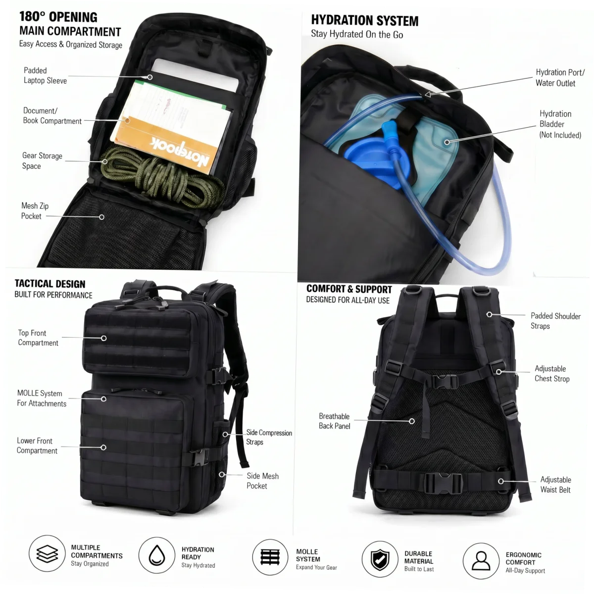 24L Tactical Backpack for Men Women Molle Modular System Backpack Durable Outdoor Backpack for Camping Hiking Trekking Fishing Hunting Cycling Travel Daily Commute Sports Gear Storage Daypack