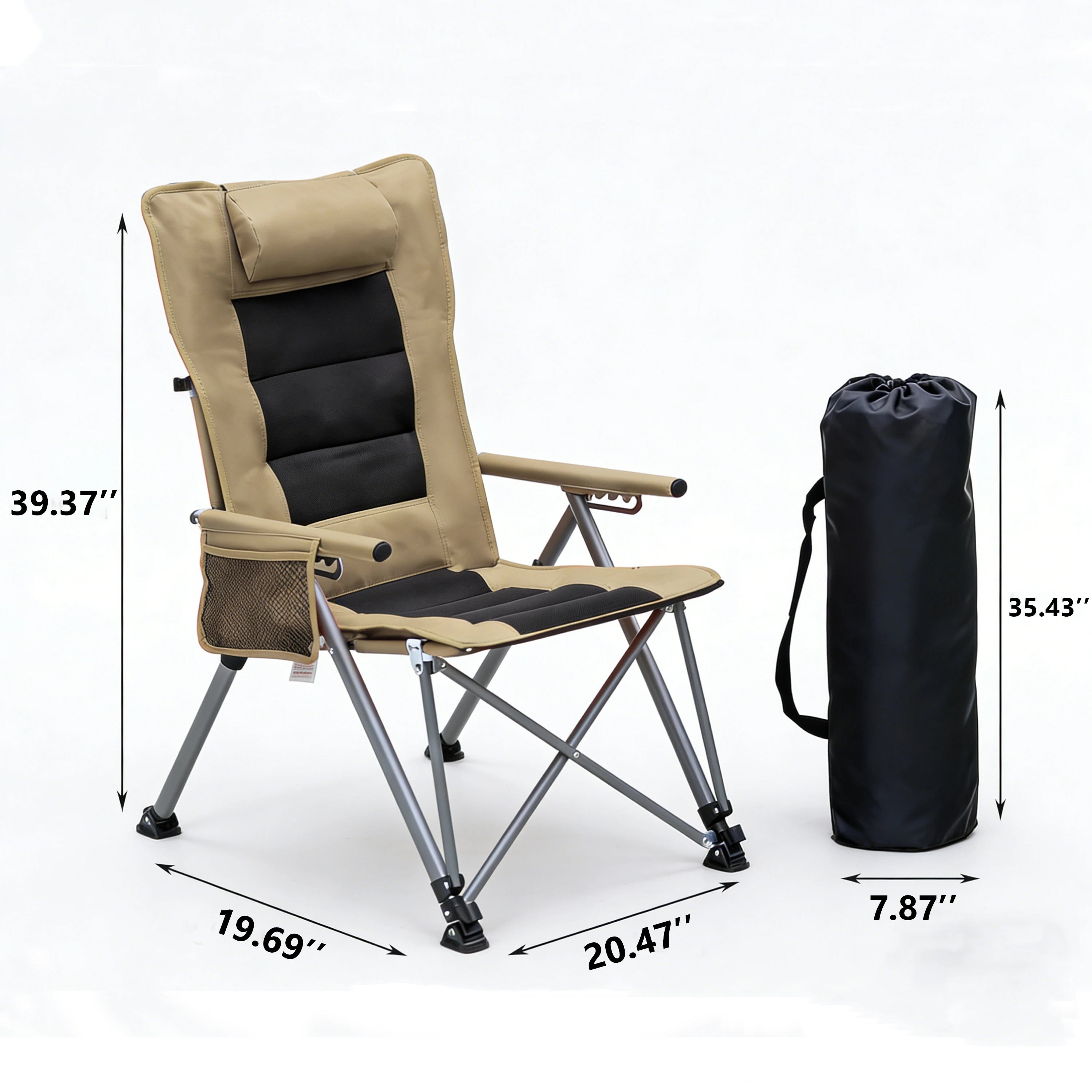 5-Position Adjustable Reclining Camping Chair, Heavy Duty Steel Frame Portable Outdoor Lounge Chair with Side Pocket & Carry Bag, Khaki
