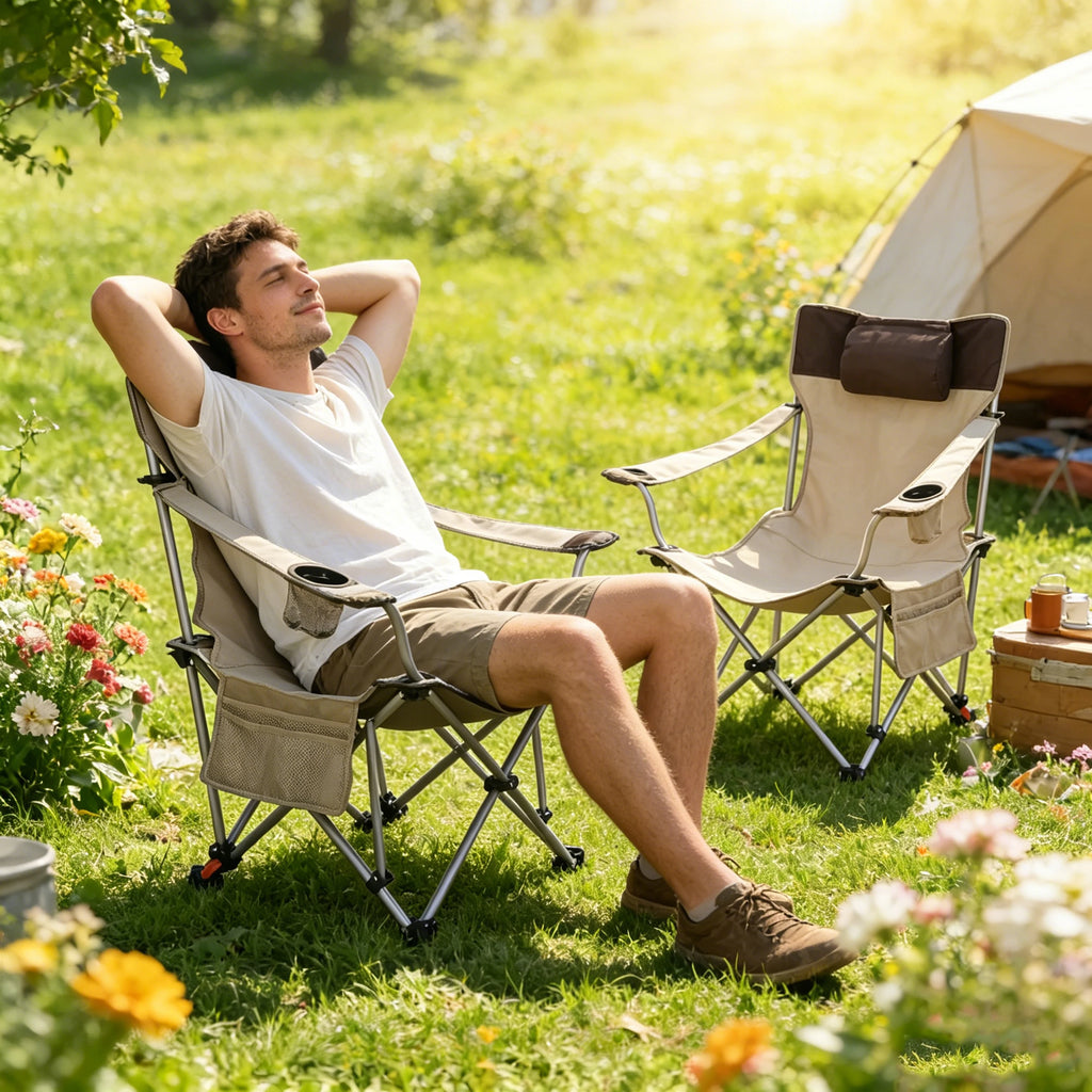2PCS Outdoor Camping Chairs, 3-Level Adjustable Reclining Lounge Chair, Portable Folding Seat with Cup Holder & Side Pockets, Beige