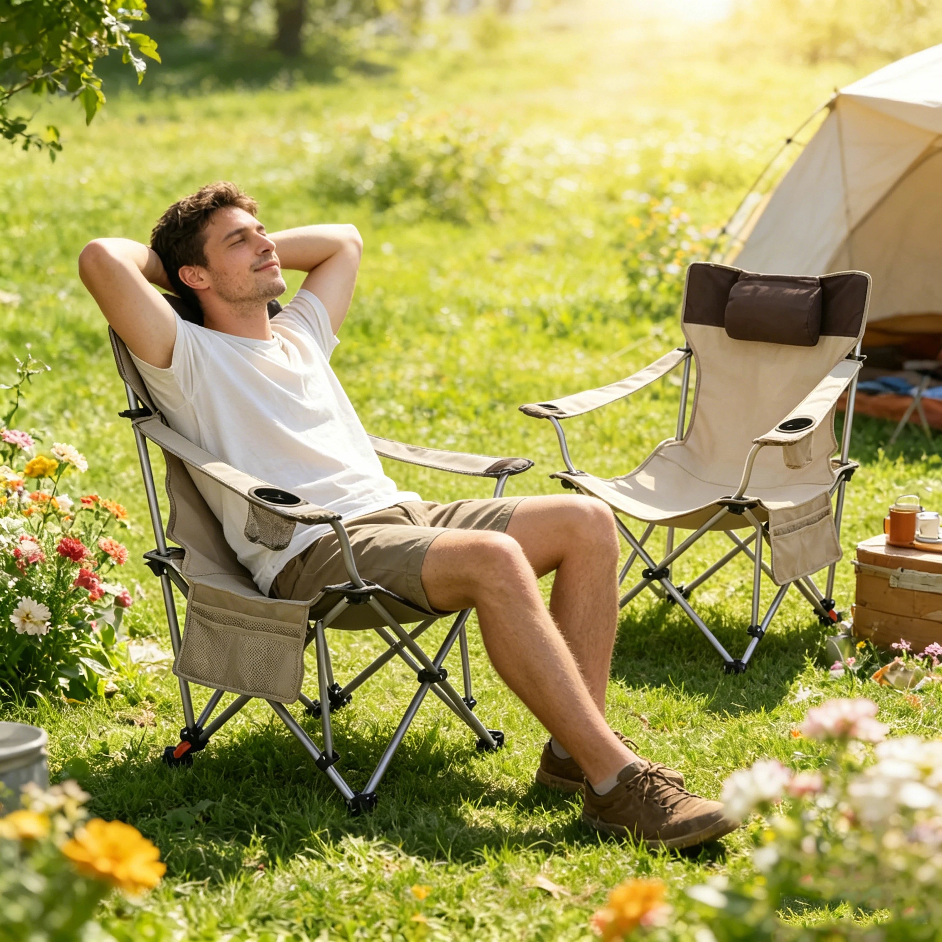 2PCS Outdoor Camping Chairs, 3-Level Adjustable Reclining Lounge Chair, Portable Folding Seat with Cup Holder & Side Pockets, Beige