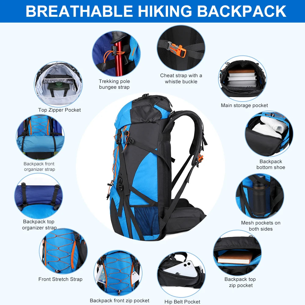 WESTTUNE Waterproof Climbing Backpack 65L Outdoor Sports Bag Big Capacity Travel Backpack Camping Hiking Backpack Trekking Bag