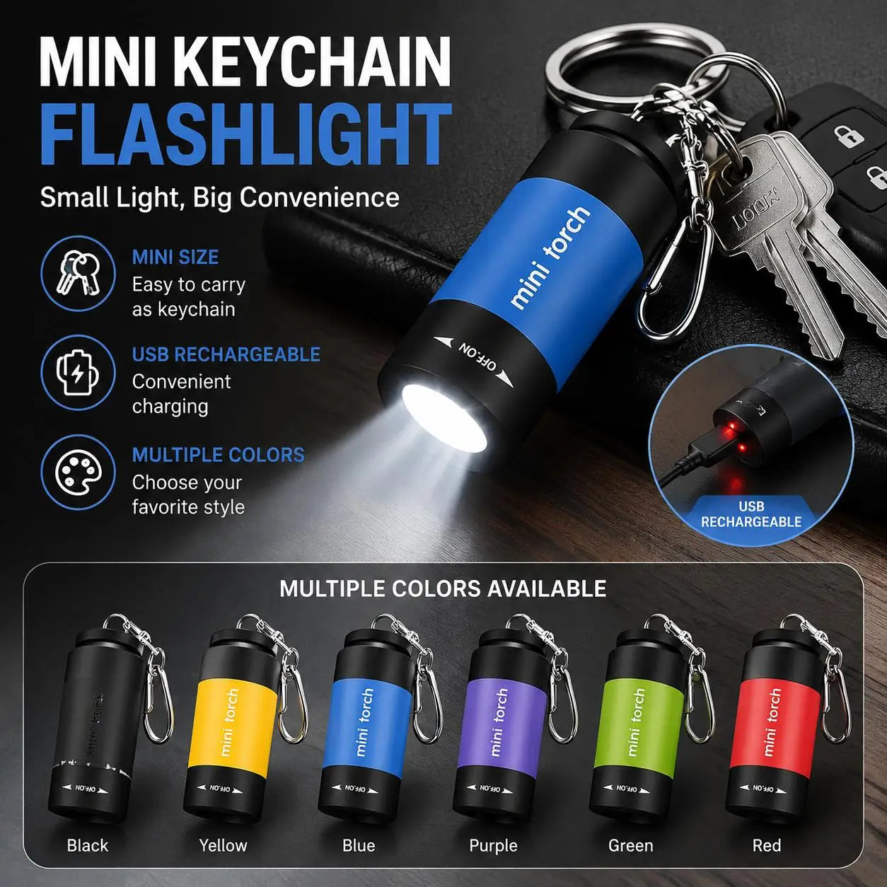 Mini Keychain Flashlight USB Rechargeable LED Torch Ultra Bright Pocket Light Waterproof Key Ring Handheld Flashlight for Outdoor Camping Hiking Emergency Night Walking Portable Lighting Tool for Everyday Carry and Travel Out