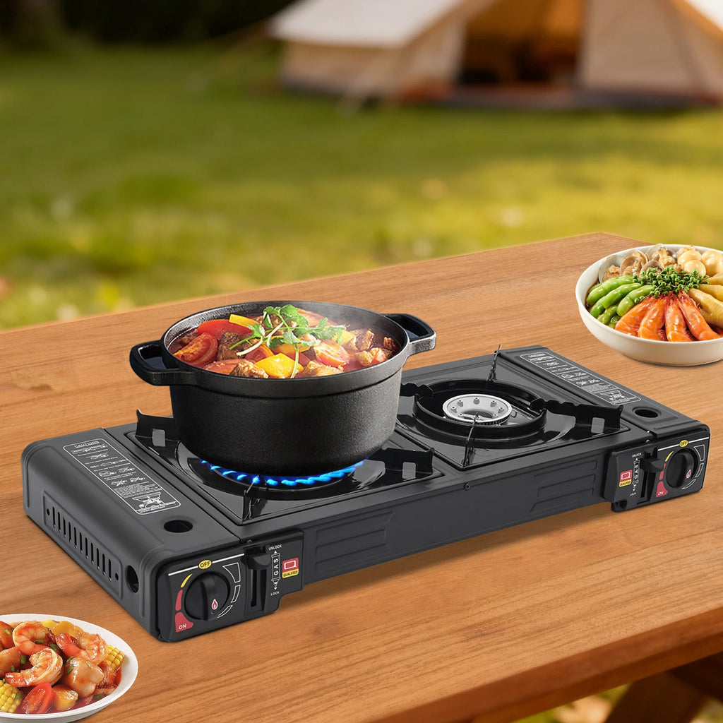 Portable Camping Stove with Storage Case, 2 Burner Outdoor Cooking System for Picnic BBQ Camping Trip Backyard Family Camping