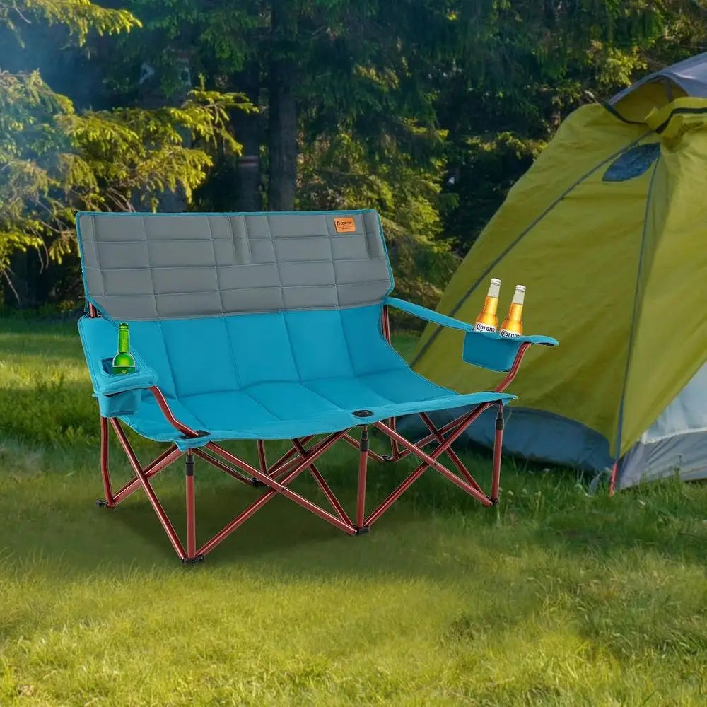 Double Camping Loveseat with Cup Holders, Thick Padding, Heavy-Duty Outdoor Chair for 2, Supports 660 LBS