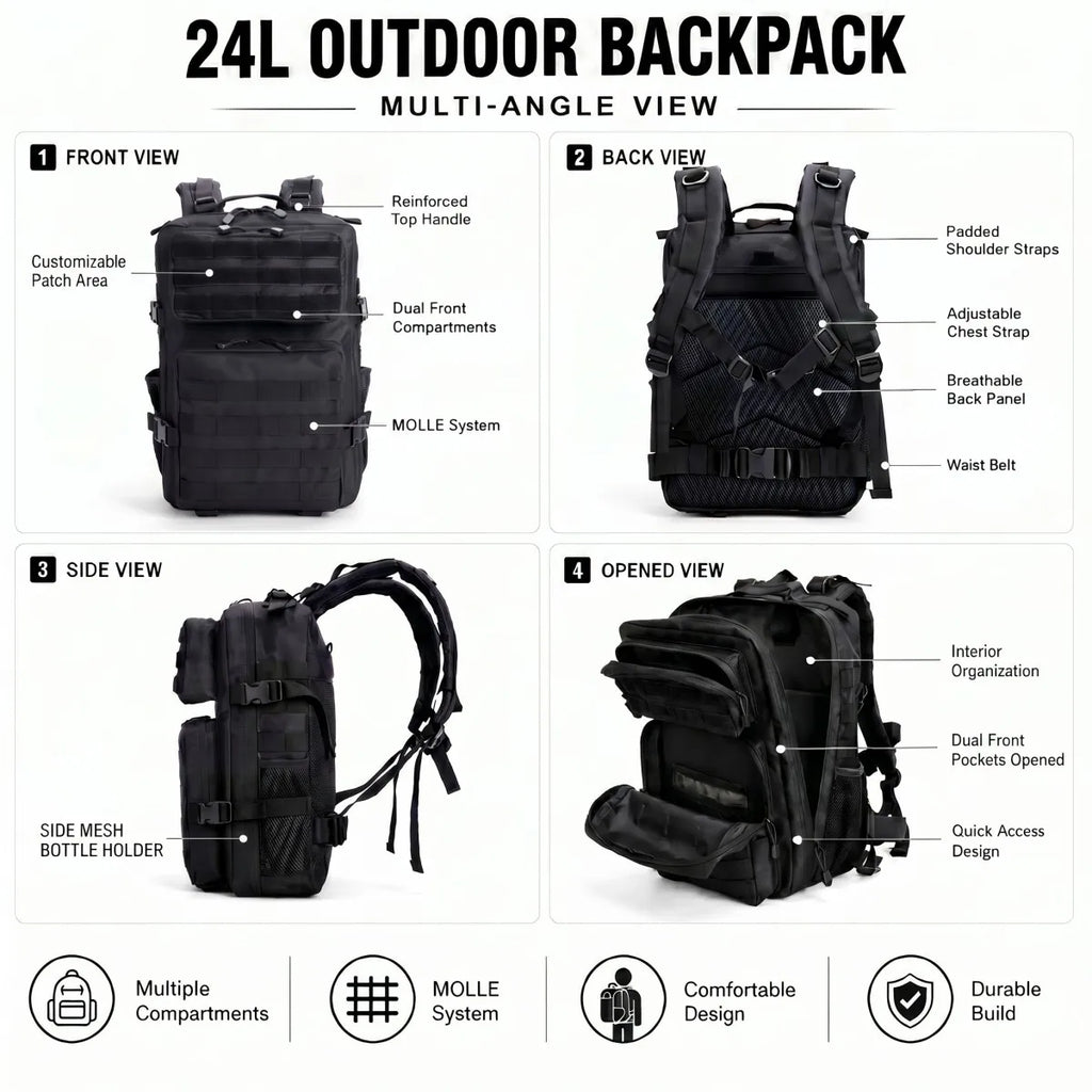24L Tactical Backpack for Men Women Molle Modular System Backpack Durable Outdoor Backpack for Camping Hiking Trekking Fishing Hunting Cycling Travel Daily Commute Sports Gear Storage Daypack
