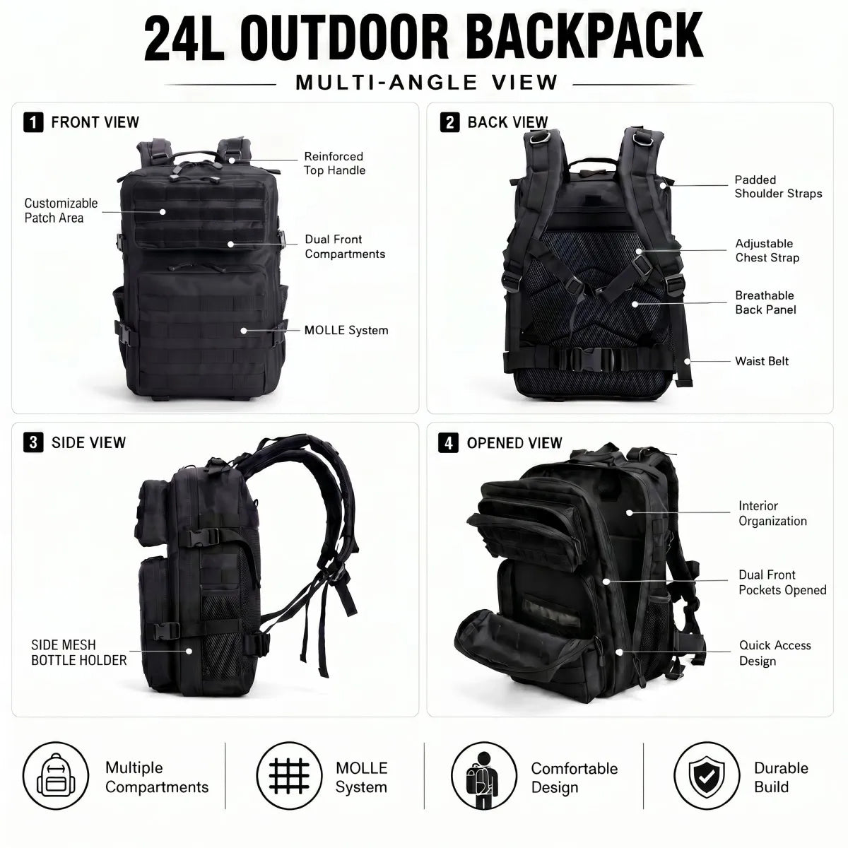 24L Tactical Backpack for Men Women Molle Modular System Backpack Durable Outdoor Backpack for Camping Hiking Trekking Fishing Hunting Cycling Travel Daily Commute Sports Gear Storage Daypack