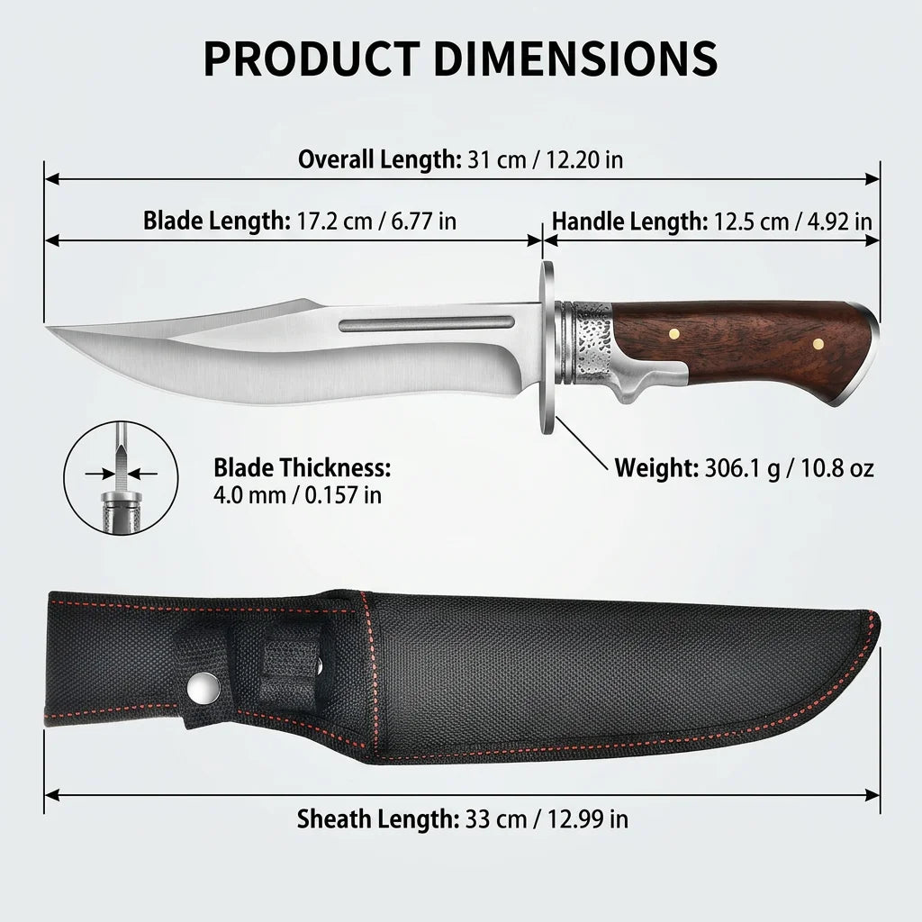 Fixed Blade Outdoor Utility Knife with Wood Handle and Protective Sheath, 4mm Thick Single-Edge Blade for Camping and Hiking
