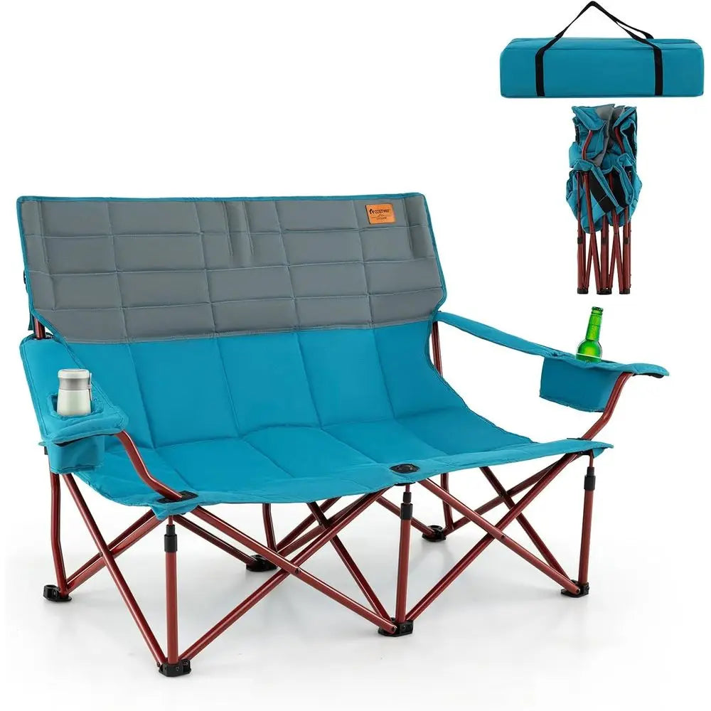 Double Camping Loveseat with Cup Holders, Thick Padding, Heavy-Duty Outdoor Chair for 2, Supports 660 LBS