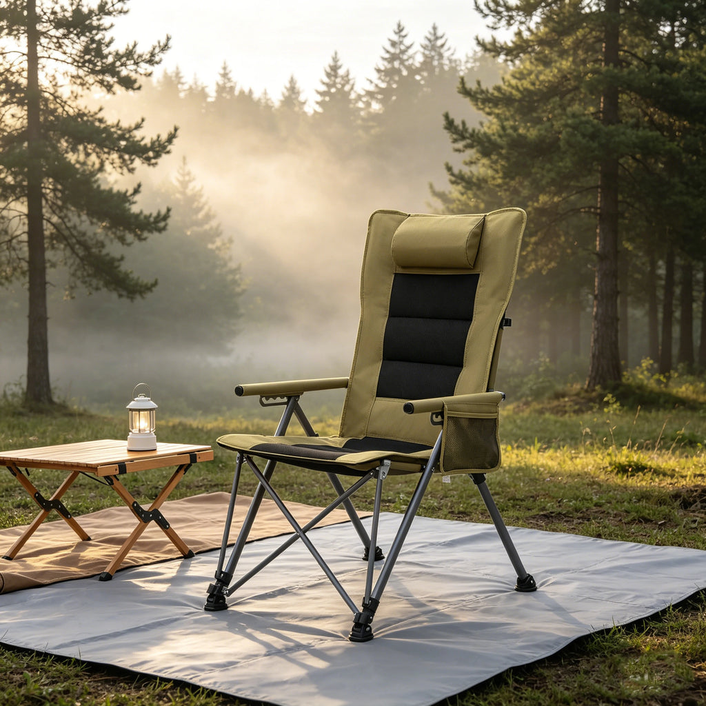5-Position Adjustable Reclining Camping Chair, Heavy Duty Steel Frame Portable Outdoor Lounge Chair with Side Pocket & Carry Bag, Khaki