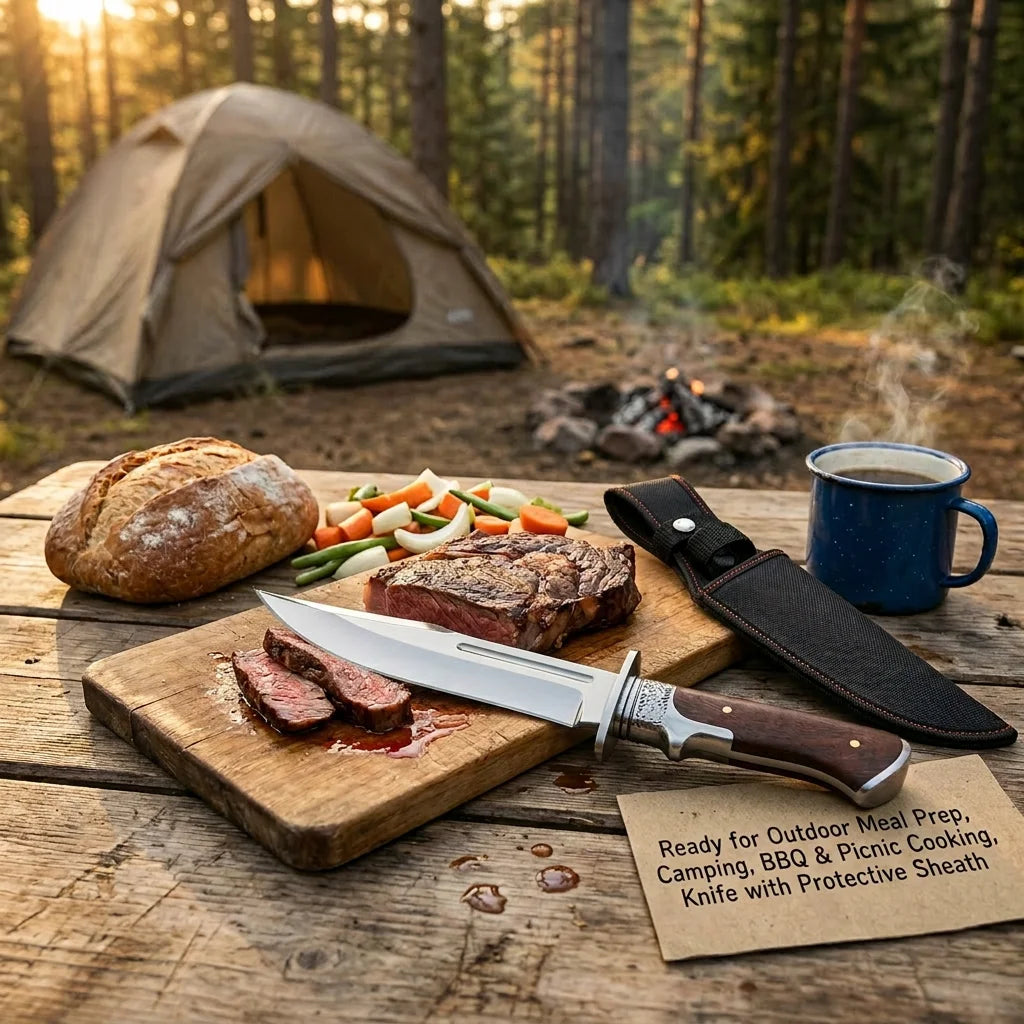 Fixed Blade Outdoor Utility Knife with Wood Handle and Protective Sheath, 4mm Thick Single-Edge Blade for Camping and Hiking