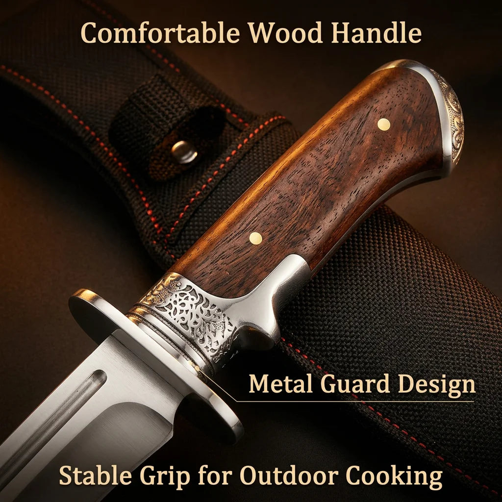 Fixed Blade Outdoor Utility Knife with Wood Handle and Protective Sheath, 4mm Thick Single-Edge Blade for Camping and Hiking