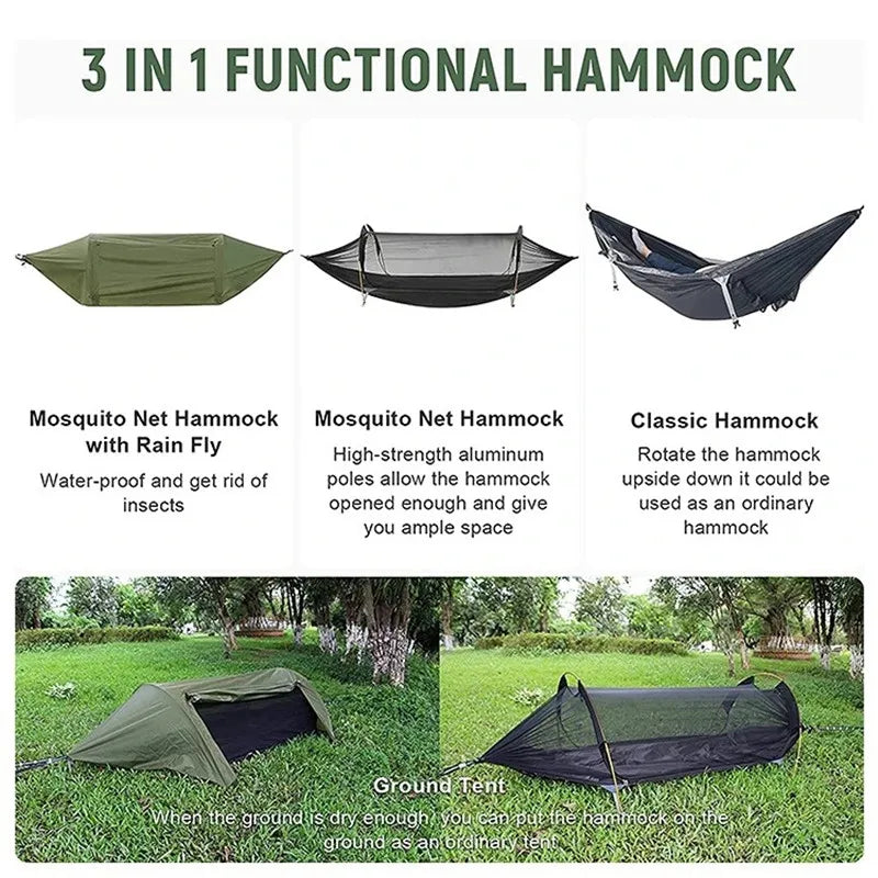 3-in-1 Tunnel Mosquito Net Hammock with Waterproof Rainfly - Tree Tent for Solo Camping, Lightweight & All-Weather Protection