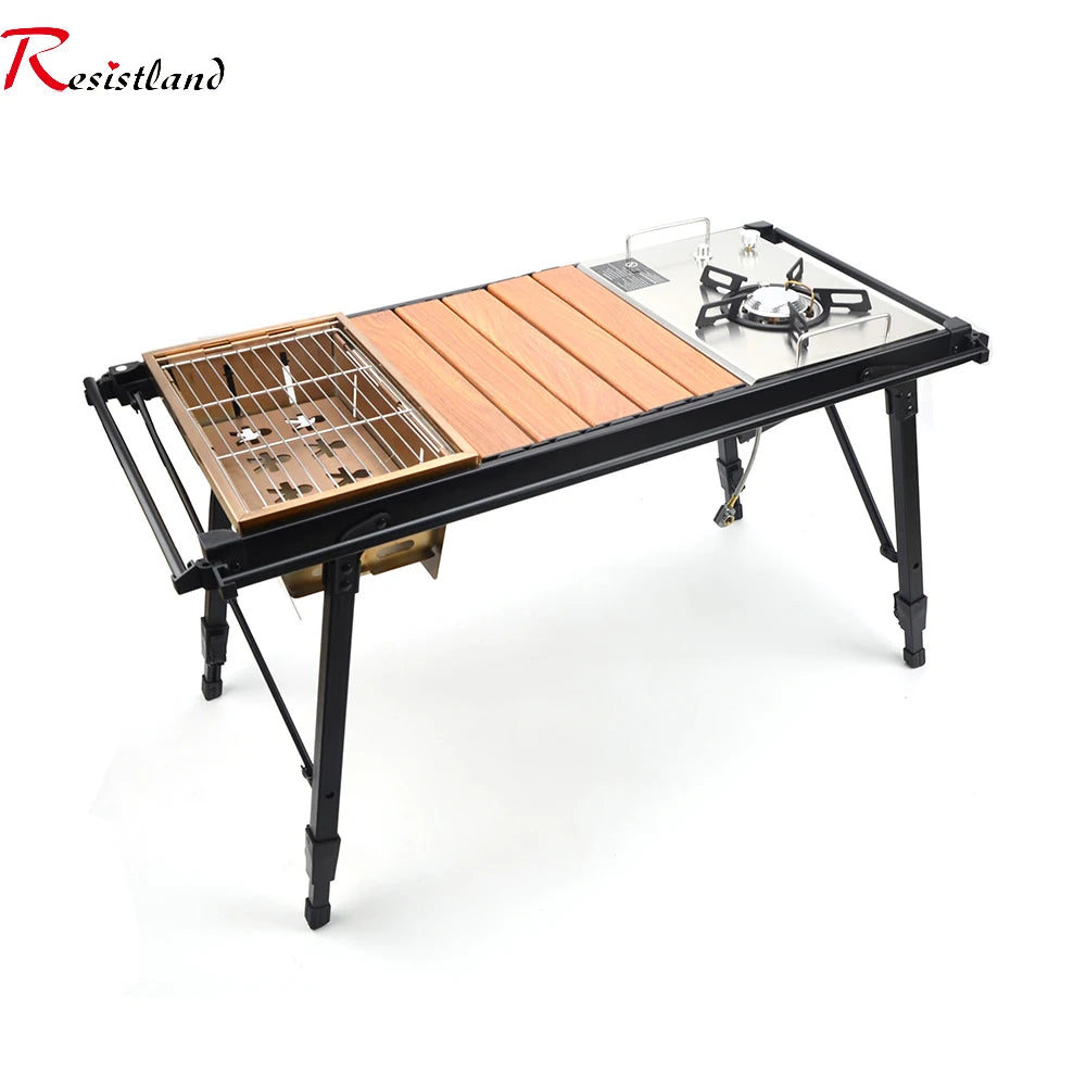Camping Folding Removable IGT Wood Table Gas Stove Portable Lightweight Camp BBQ Grill Table Outdoor Picnic Fishing Table