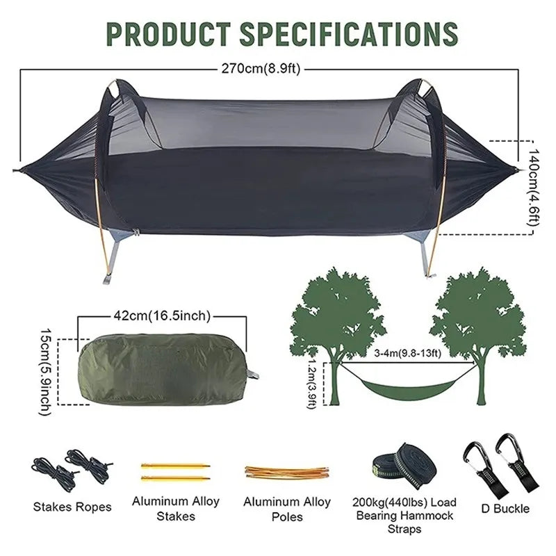 3-in-1 Tunnel Mosquito Net Hammock with Waterproof Rainfly - Tree Tent for Solo Camping, Lightweight & All-Weather Protection