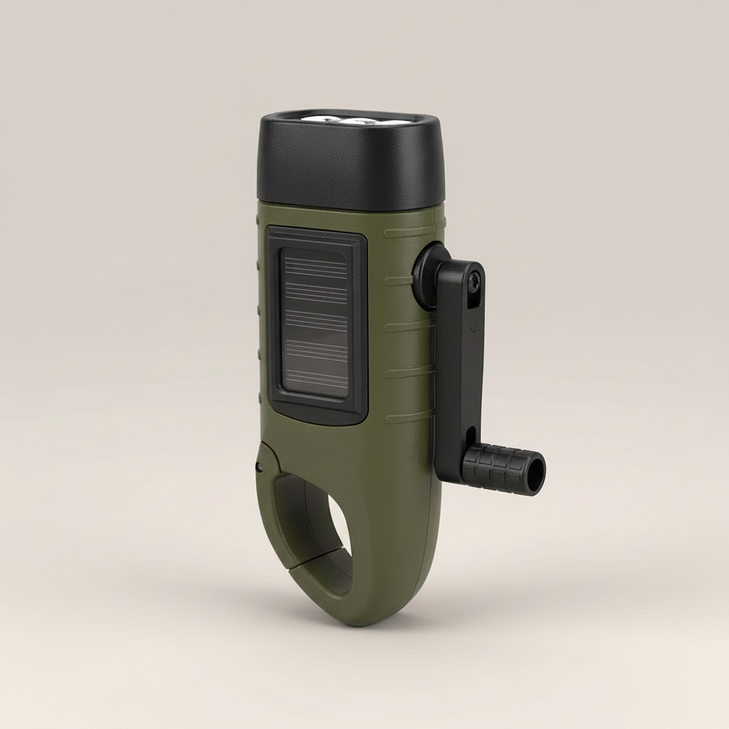 Premium hero product photo of solar hand-crank survival flashlight on neutral background