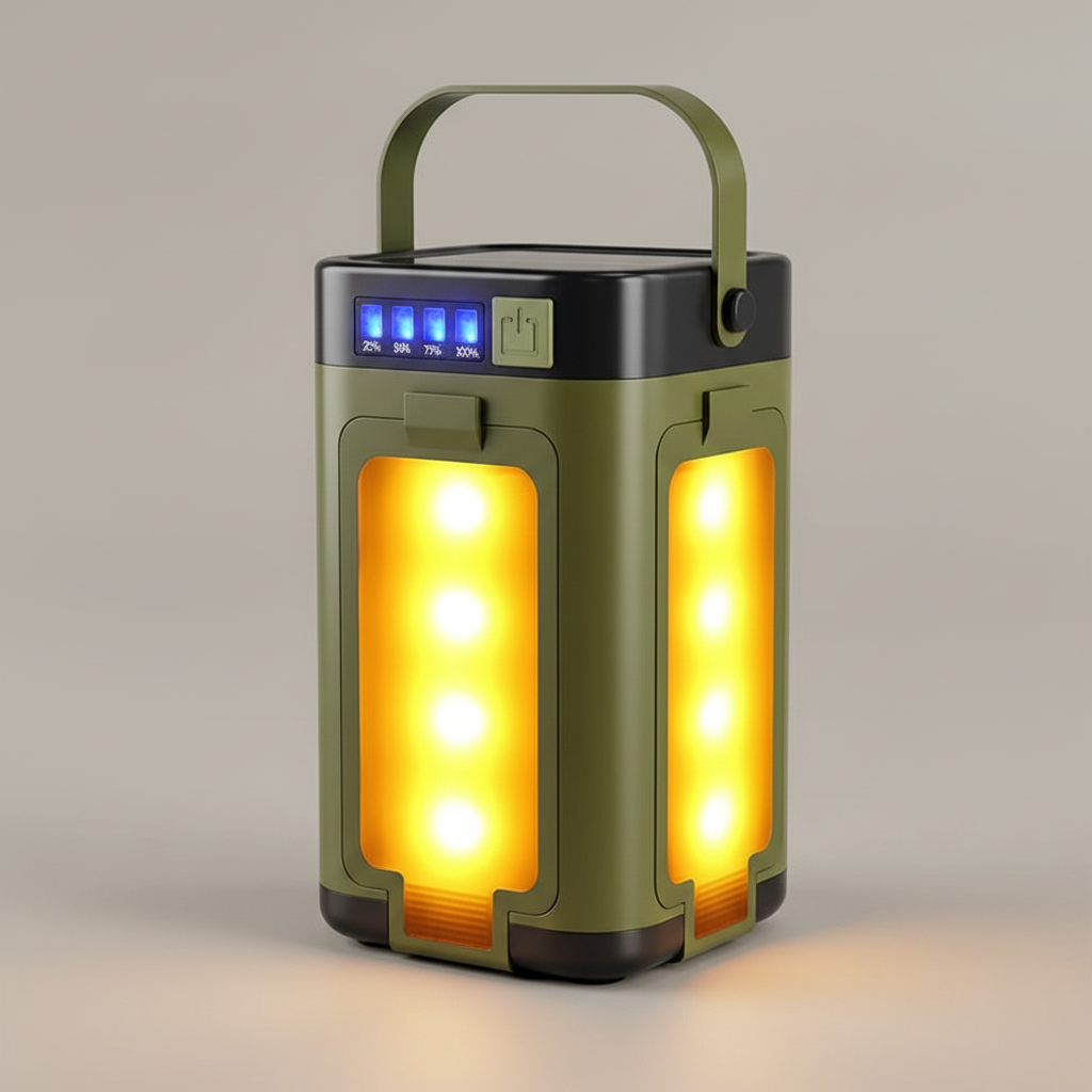Premium hero product photo of solar fold-out lantern on neutral background