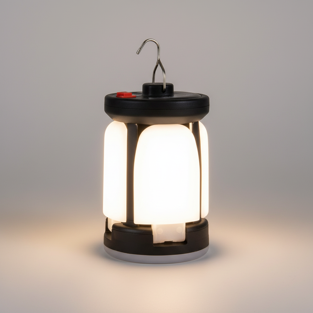 Premium hero product photo of solar camping lantern on neutral background